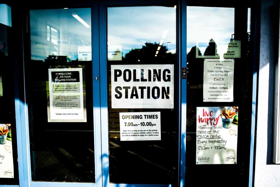 Polling station sign on an automated door